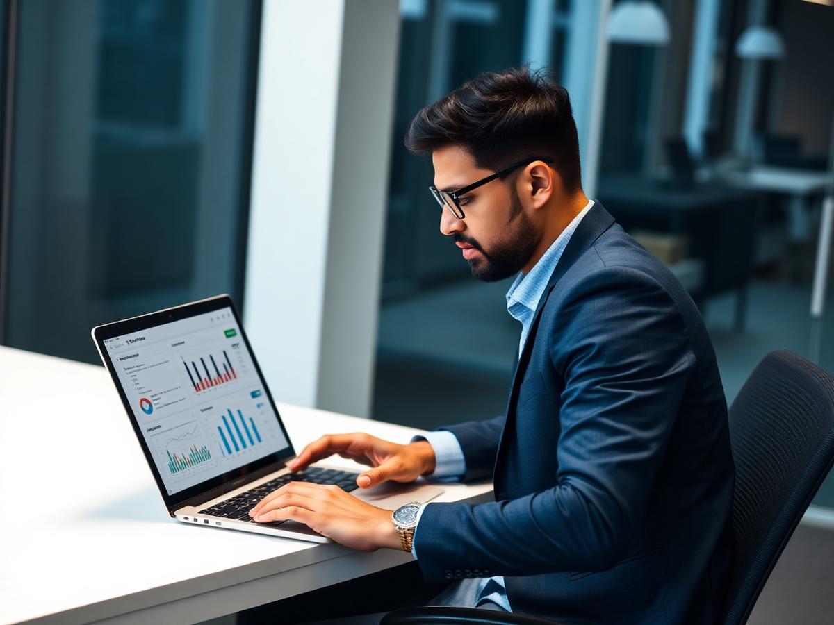 Manager reviewing KPI charts on a laptop